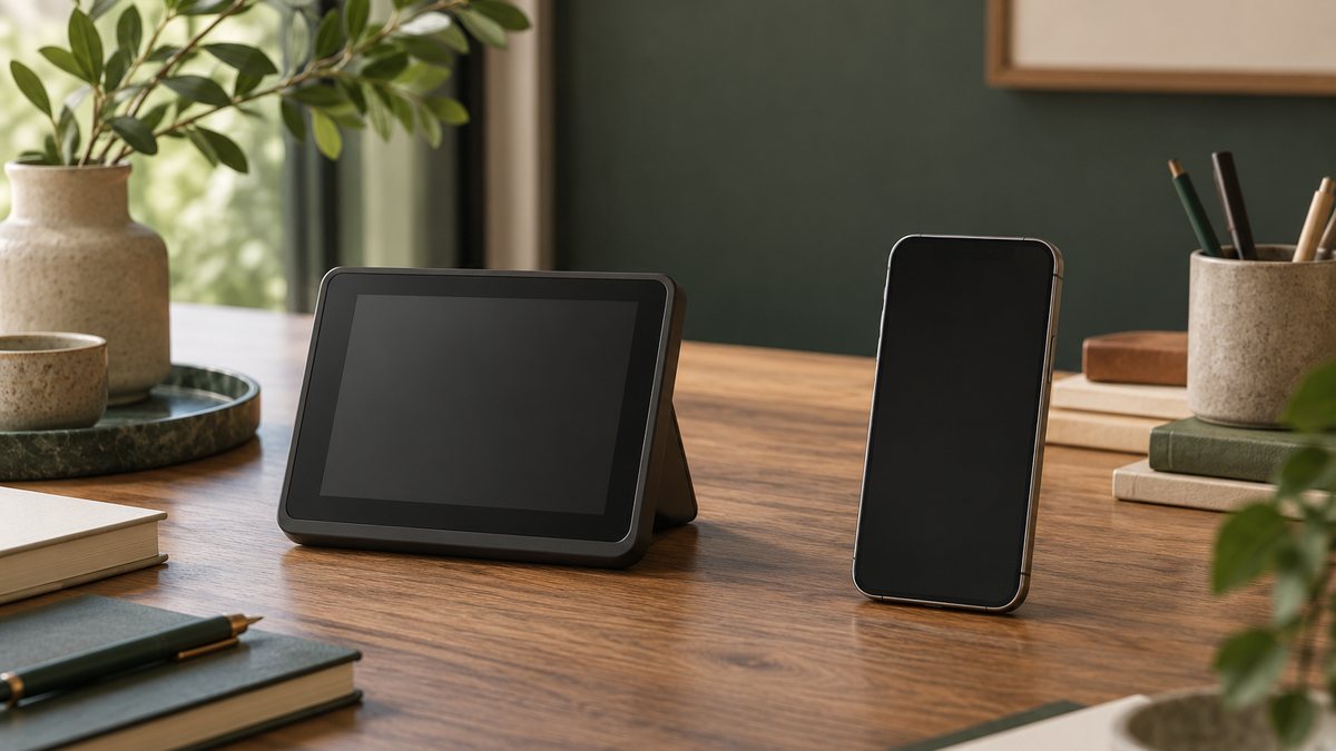 Two generic blank-screen devices separated on a tabletop.