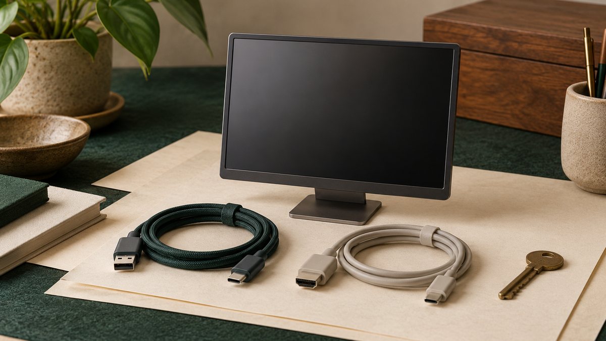 An unbranded monitor, transfer cables and a key.