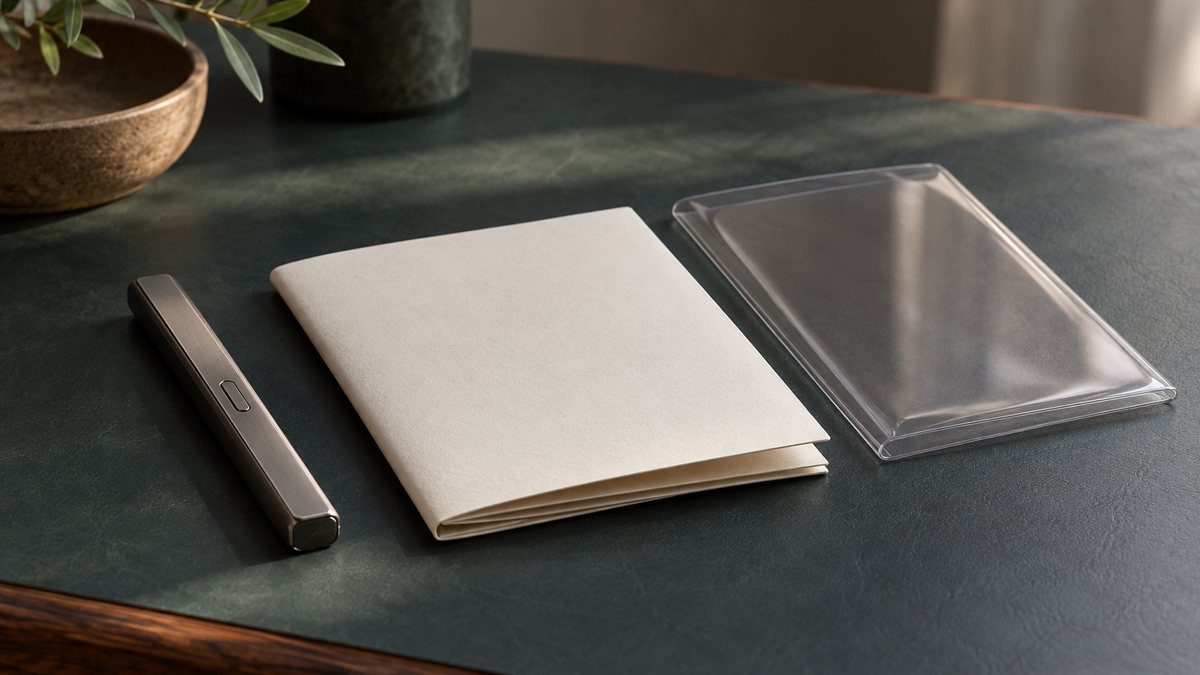 A slim illustrative signing device beside a blank recovery sheet.
