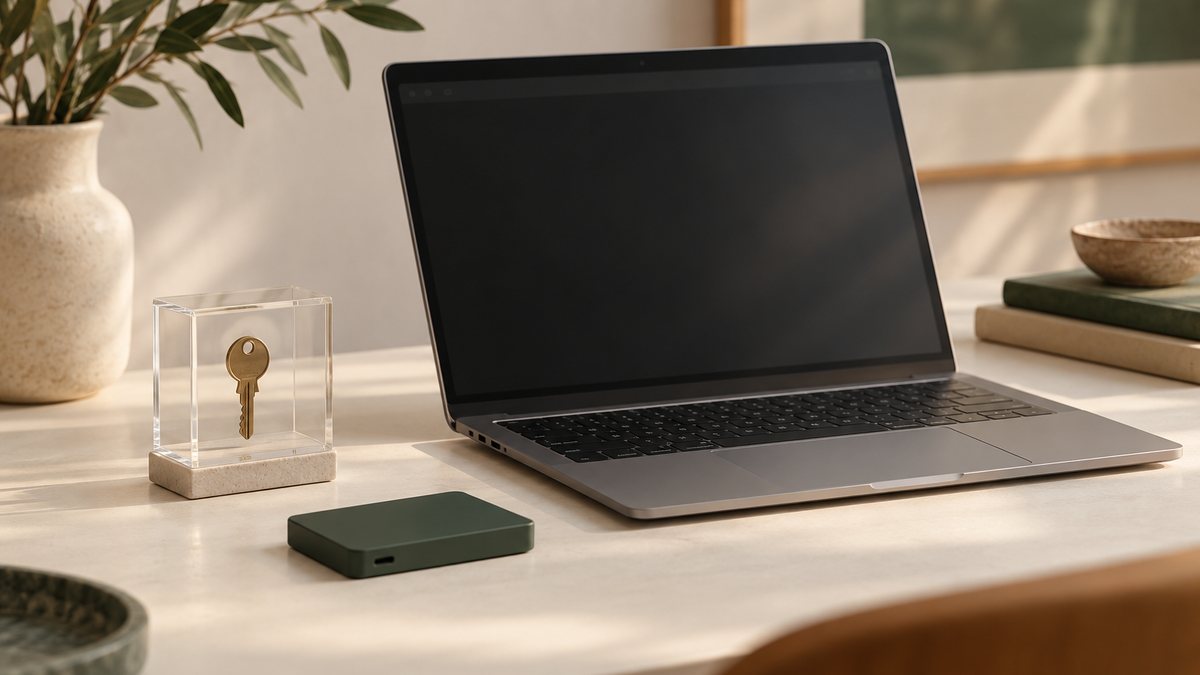 A blank laptop, enclosed key and separate signing device.
