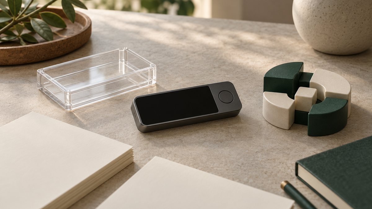 An illustrative hardware signer beside a clear case and geometric pieces.