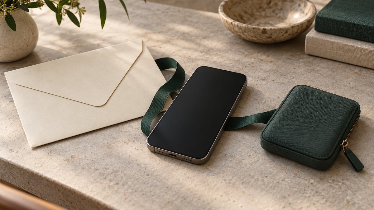 A payment phone between a bank envelope and a storage pouch.