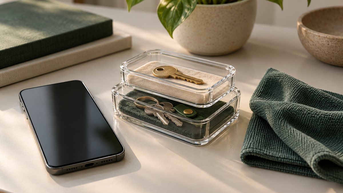 A blank phone and nested transparent key containers.