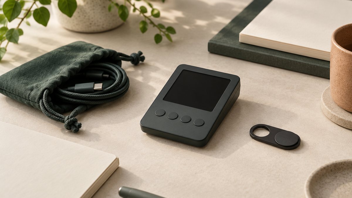 A generic offline signing device beside a separate cable pouch.