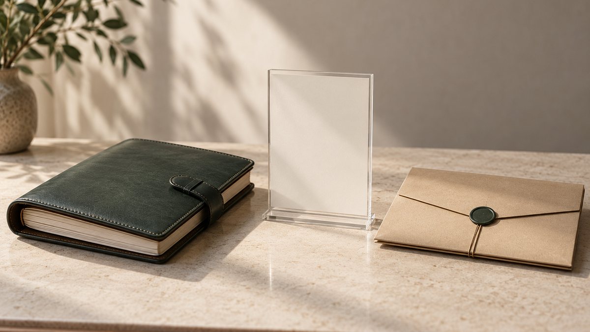 An investment binder, empty acrylic frame and asset envelope.