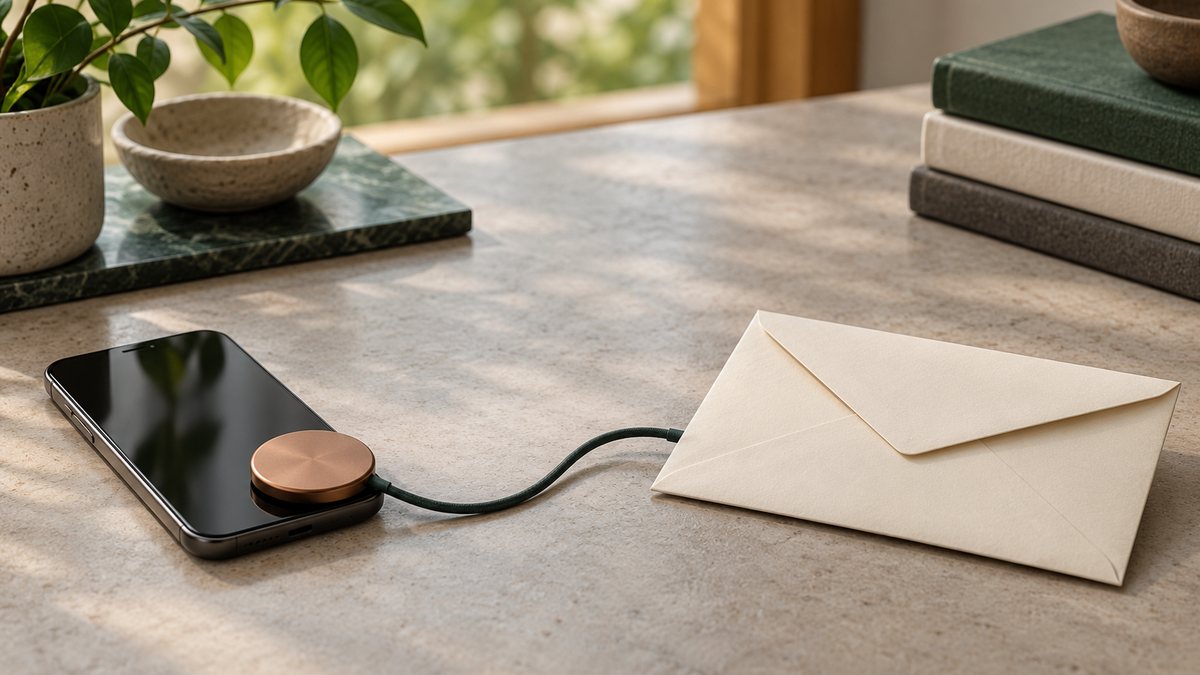 A phone and cable between a token and a bank envelope.