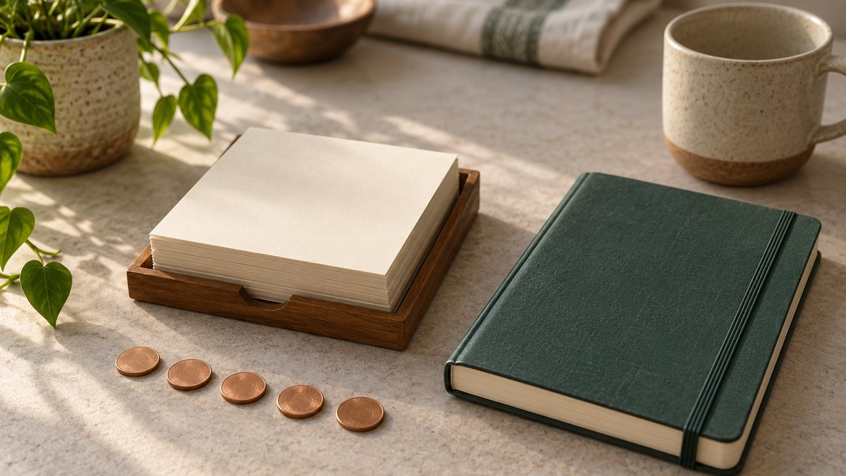 A sequence of tokens beside blank date cards and a savings notebook.