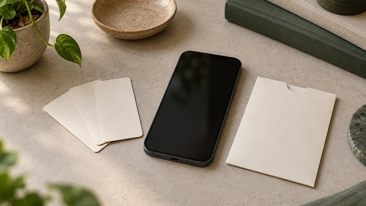 Three unmarked security cards beside a blank phone and backup sleeve.