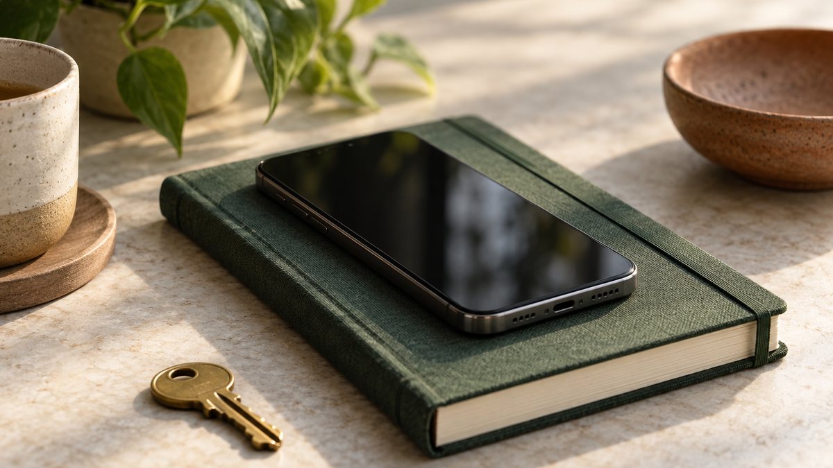 A blank phone, closed recovery notebook and separate key.