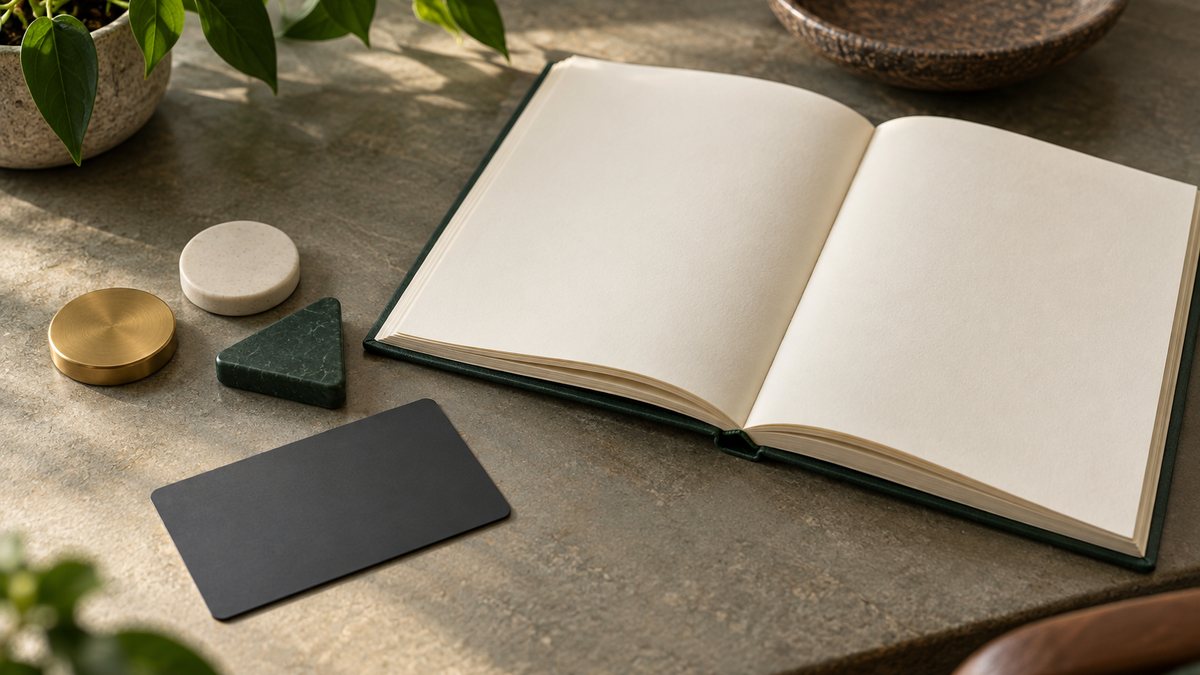 Unmarked asset tokens, a payment card and a blank ledger.
