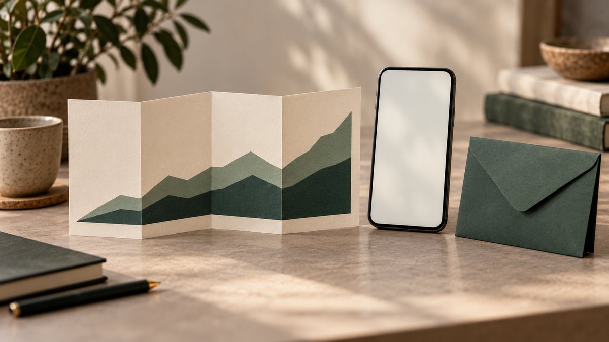 A blank geometric portfolio sheet beside a phone and separate asset envelope.