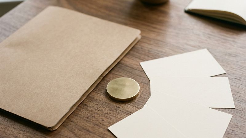 Blank document cards and an unmarked metal token beside a paper folder.