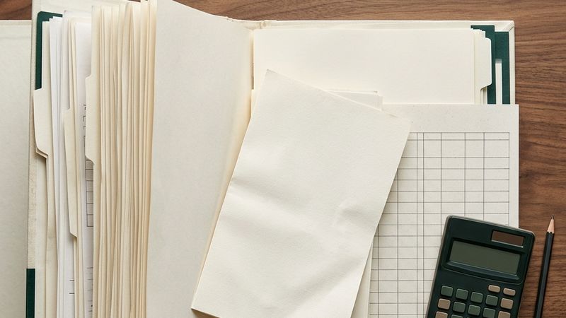 A document folder with one sheet pulled out beside a worksheet and a calculator.