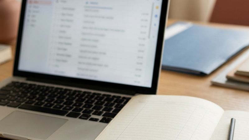 A laptop document list beside a paper transaction ledger.