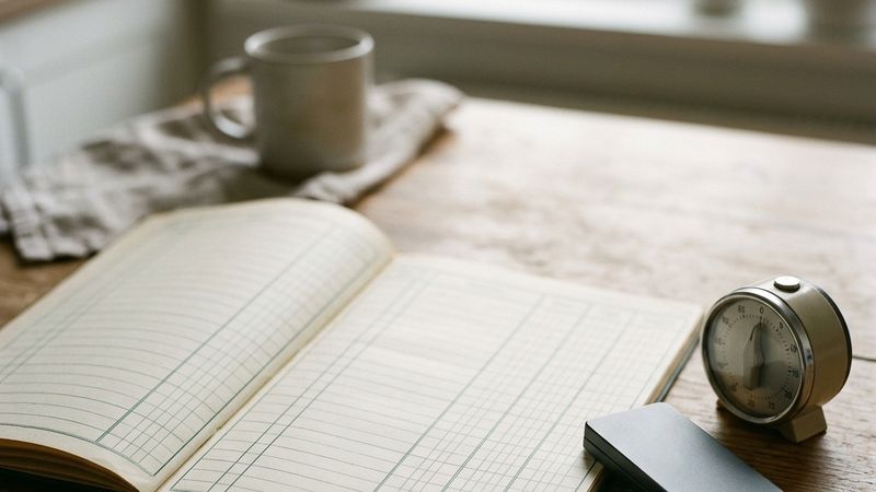 A ledger with two date columns beside a hardware wallet and a small timer.