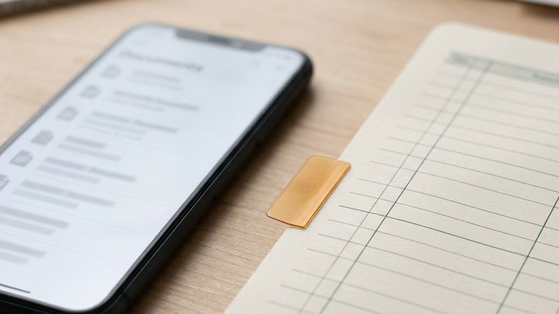 A phone documents list beside a transaction ledger and an amber correction tab.