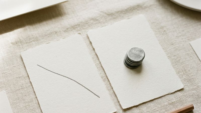Two paper cards, one with a falling pencil line and one holding a stack of discs.
