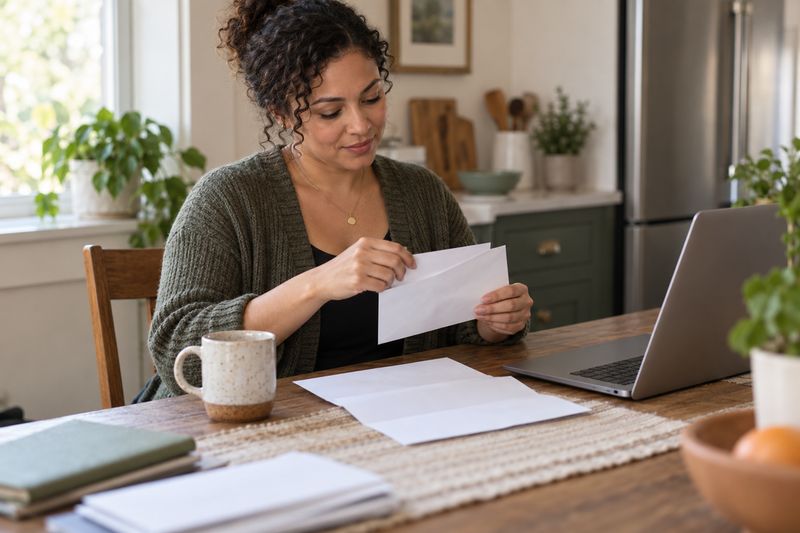 A woman at a kitchen table opening an envelope with a printed statement beside her laptop.