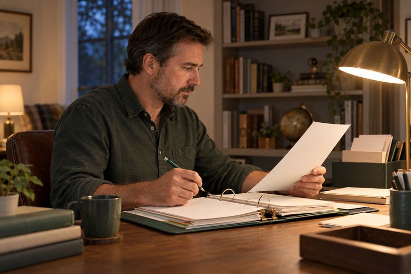 A man at a home desk comparing a letter with a binder of his own records.