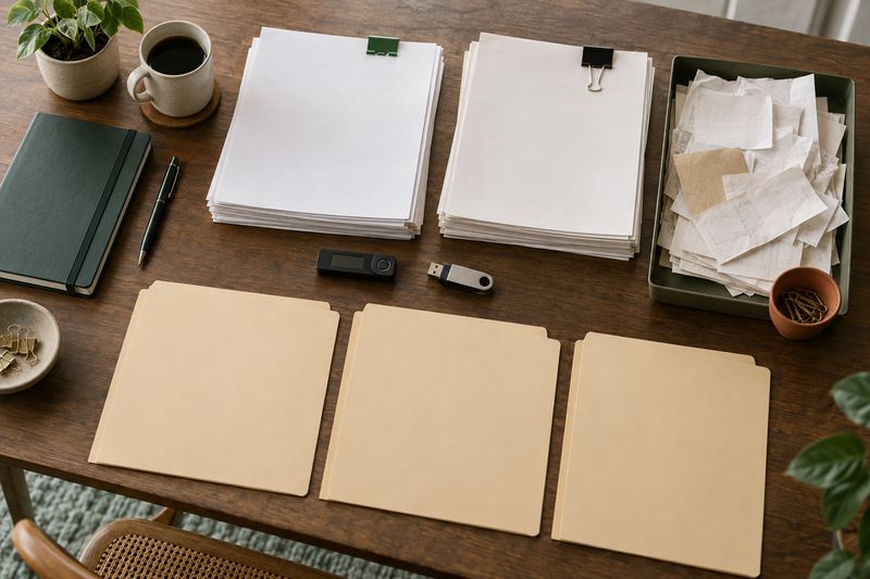 Exchange and bank statements, receipts, a hardware wallet and empty folders gathered on a table.
