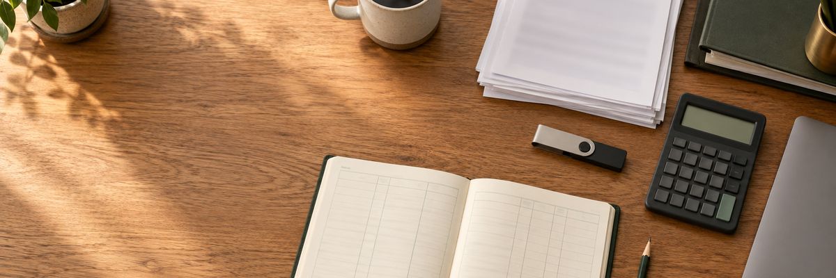 Paper statements, a pen and a laptop laid out on a desk for checking a crypto tax form against account records.