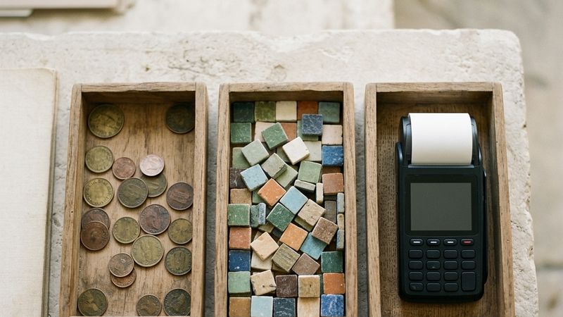 Three sorting trays holding tokens, mosaic tiles and a payment terminal.