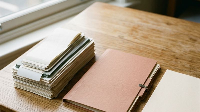 Transaction records beside a blank form and a closed handoff folder.