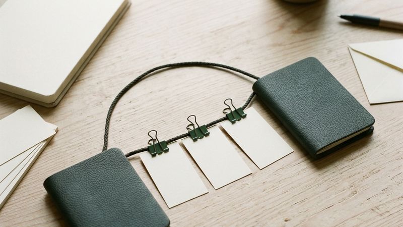 Two wallet cases connected by a cord with three record cards clipped along it.