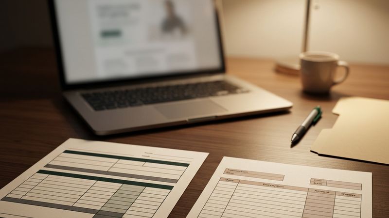 A laptop with a form outline behind a worksheet and a transaction statement.
