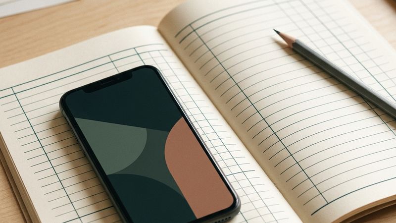 A phone with an abstract document list lying on a transaction ledger.
