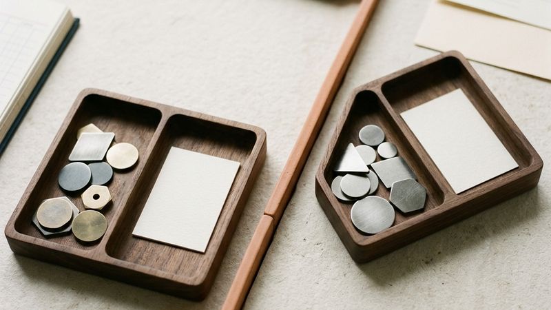 Two walnut trays each holding a separate group of tokens and a record card.