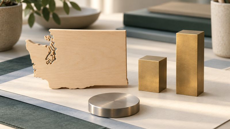 A Washington state outline beside two brass blocks representing capital gains tax tiers.