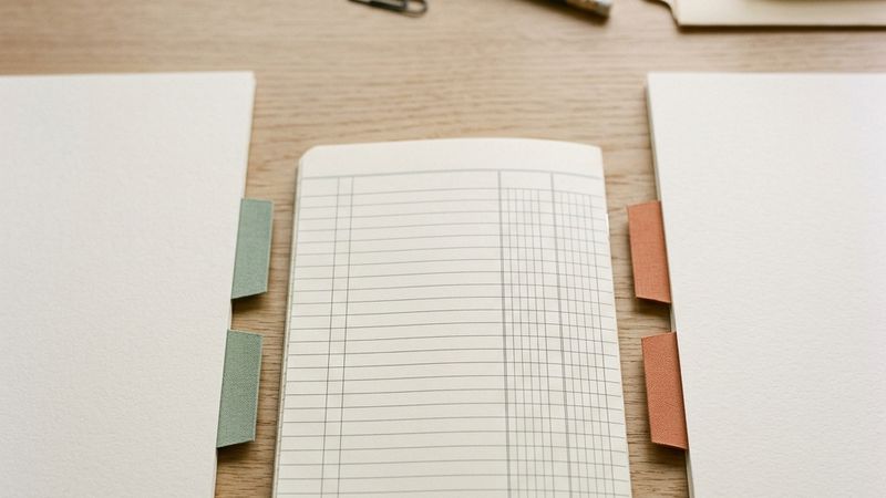 Two printed documents with different tabs and a ledger between them.